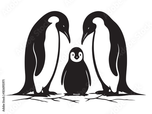 Silhouette black of penguin parents with chick between them vector illustration