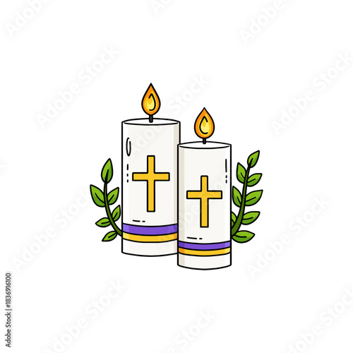A colorful illustration of two lit candles decorated with gold Christian cross symbols, standing side by side with small green leaves on each side.