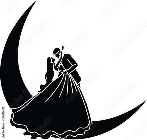Romantic Couple on Crescent Moon Silhouette