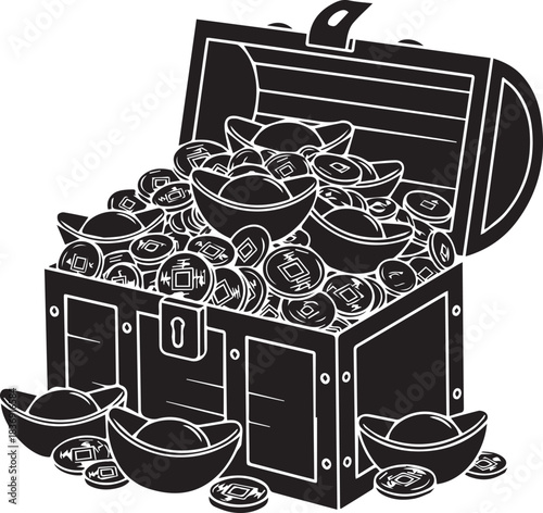 Open treasure chest overflowing with gold coins and ingots