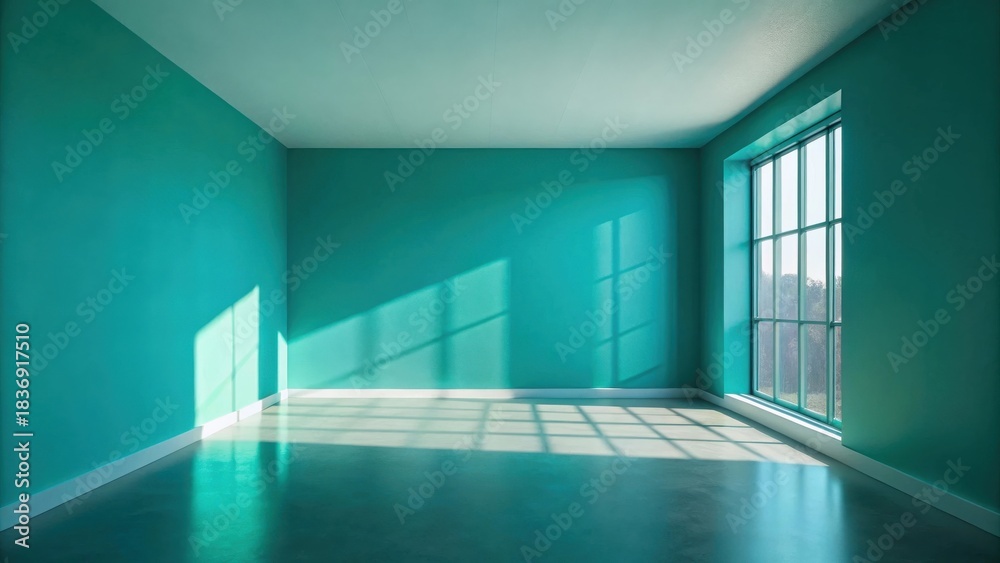 Obraz premium Sunlit Teal Room Interior Design Mockup Empty Space with Large Window and Polished Floor
