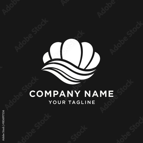 Elegant white seashell logo with flowing wave design on black background.