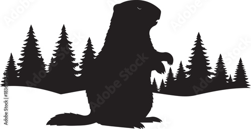 Silhouette of a beaver sitting in a snowy forest landscape