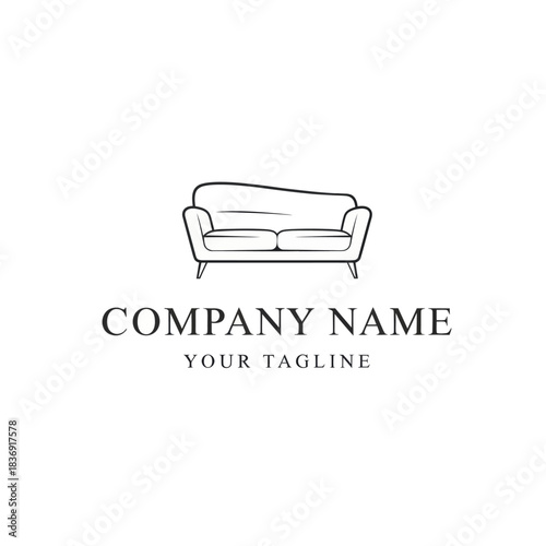 Minimalist sofa line art logo for a furniture company brand.