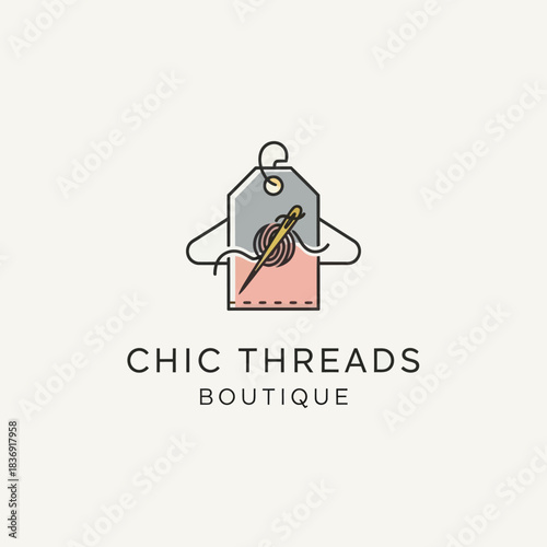 Chic Threads Boutique Logo Featuring Hanger, Tag, and Needle.