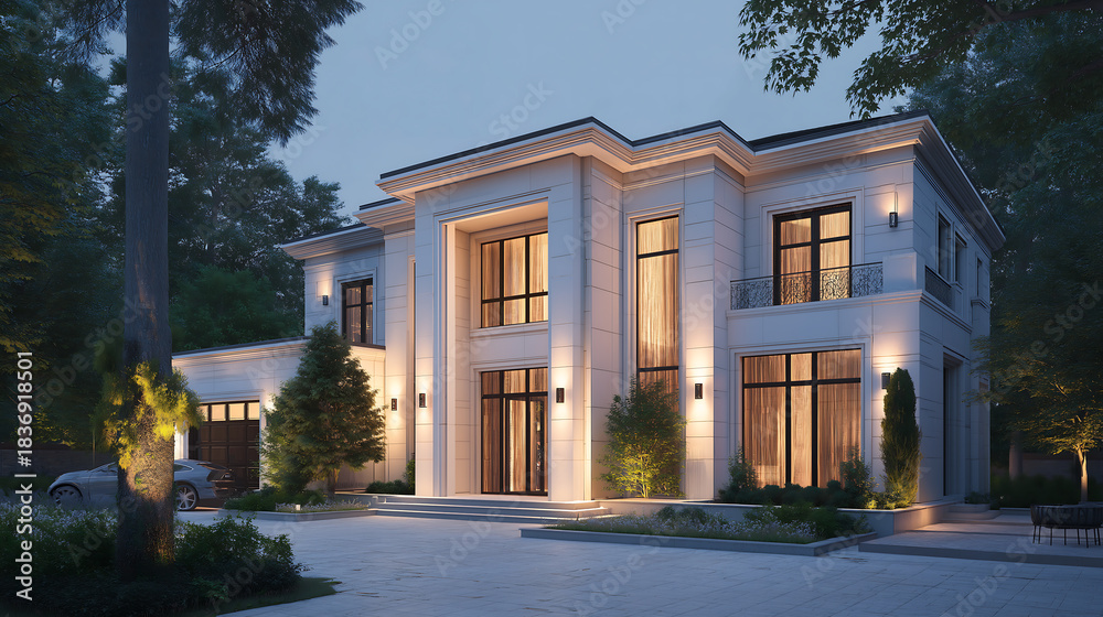Fototapeta premium Cloud Dancer A luxurious modern mansion elegant architecture and beautifully landscaped gardens at dusk Colour of the Year 2026