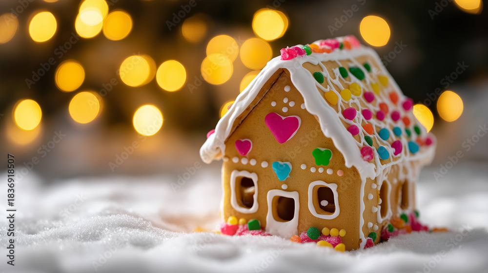 Obraz premium Decorative gingerbread house covered with white icing standing on a snowy surface with warm festive lights in the background.