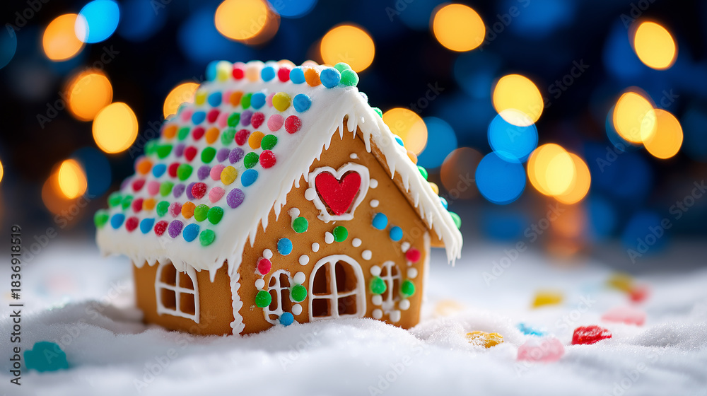 Obraz premium Decorative gingerbread house covered with white icing standing on a snowy surface with warm festive lights in the background.