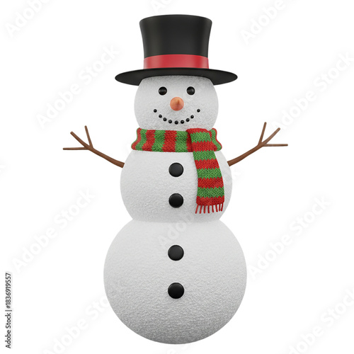 A cheerful classic snowman wearing a black top hat with a red band and a festive striped scarf stands isolated against a solid black background ready for winter holidays