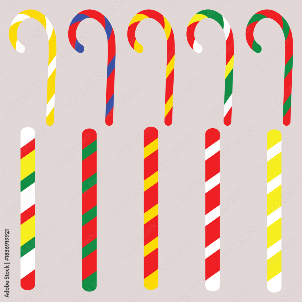 Obraz premium Colorful Candy Cane Set Vector Illustration, Christmas Candy Cane Collection Isolated, Holiday Candy Cane Stripes Vector Set,