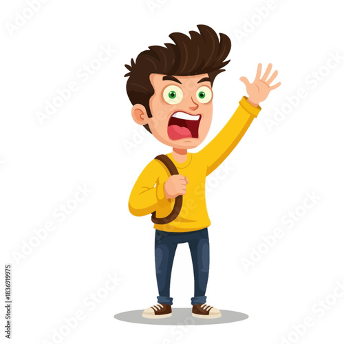 Cartoon boy with backpack shouting and waving hand, expressing surprise or alarm.