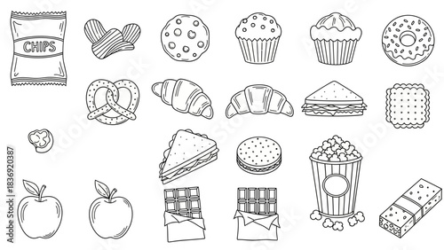 “Hand-Drawn Snack Icon Set – Doodle Food Vector Pack with Cookies, Donuts, Chips & More”