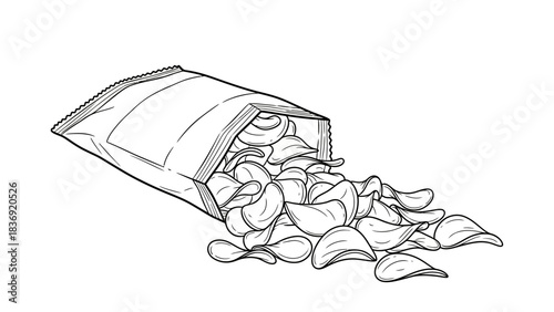 “Open Chips Packet Line Art Icon – Hand-Drawn Snack Vector Illustration”