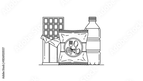 “Minimal Snack Pack Line Art Icon – Chips, Chocolate Bar and Water Bottle Vector Illustration”