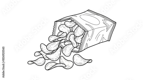 “Open Chips Packet Line Art Icon – Hand-Drawn Snack Vector Illustration”