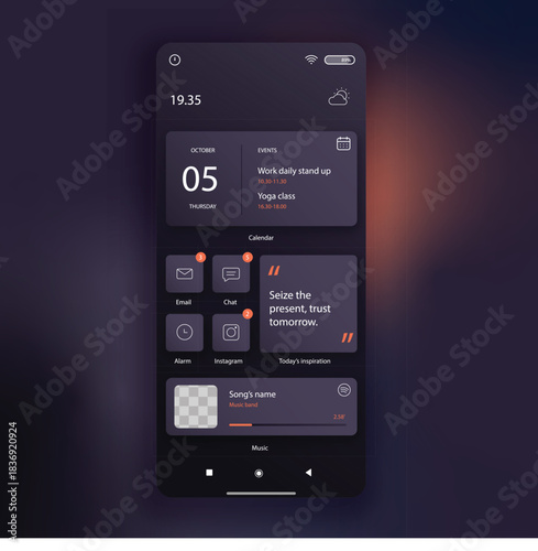 Modern dark mode smartphone interface displaying a group of people in a video feed with various app icons and controls