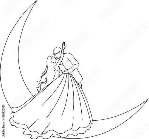 Bride and Groom Outline on Crescent Moon
