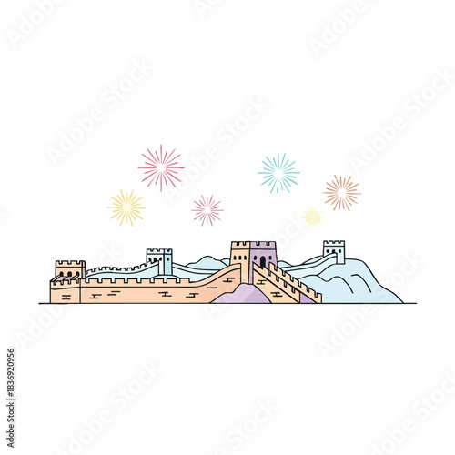 The Great Wall of China at night illuminated by colorful New Year fireworks