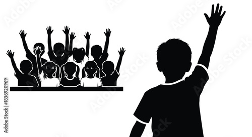 Children raising hands in classroom setting