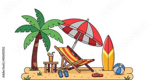Beach scene with palm tree and lounge chair