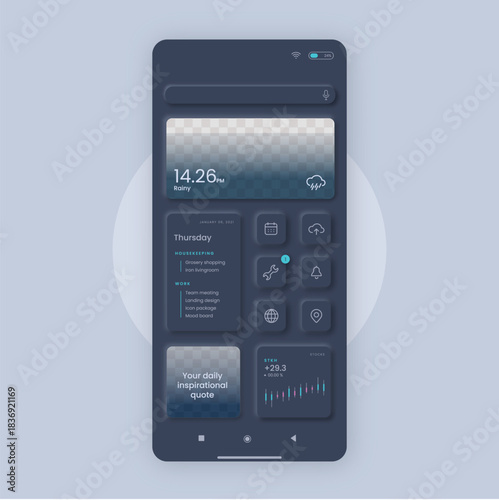 Modern dark mode smartphone interface displaying a group of people in a video feed with various app icons and controls