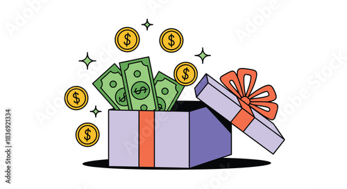 Gift box overflowing with money and coins