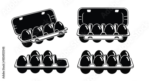 Black and white egg cartons in various views