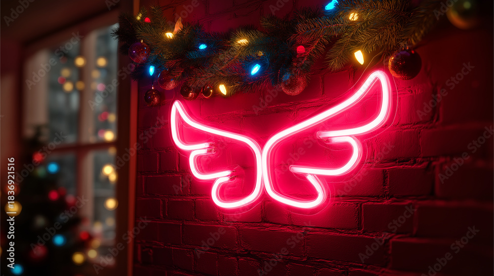 Obraz premium Bright pink neon angel-style wings glow on a decorated brick wall with colorful holiday lights above. 