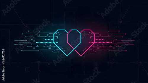 Glowing digital circuit heart on dark background