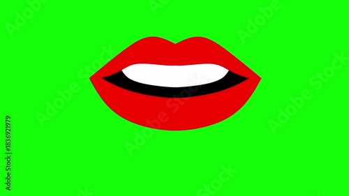 An animated cartoon mouth talking with red teeth and lips on a green screen background. Suitable for anime, comics, and videos. Very high resolution.