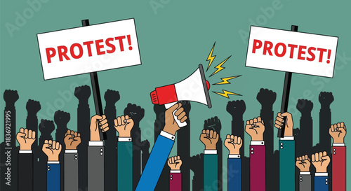 Diverse crowd protesting with signs and megaphone