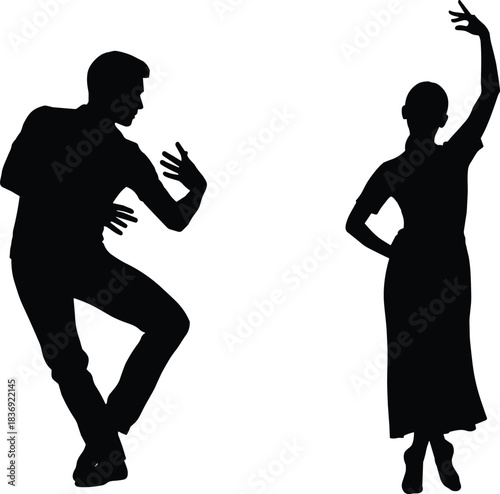 Black vector silhouette illustration of a man and woman performing a dramatic dance pose, ideal for concepts of Latin dance, tango, performance art, romance, and artistic expression.