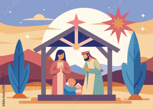 A serene and stylized depiction of the nativity scene featuring mary joseph and the baby jesus under a stable with a radiant star above