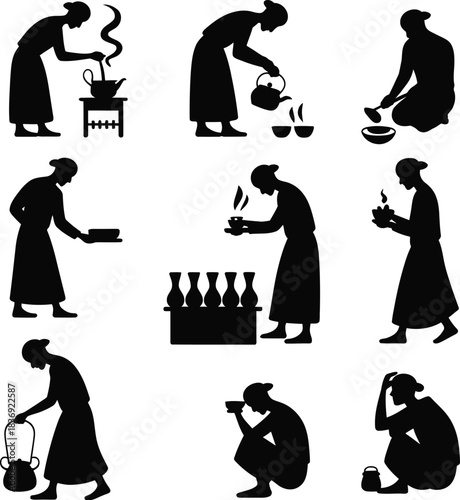 Silhouette of a person performing various tea ceremony actions on a white background woman pouring tea