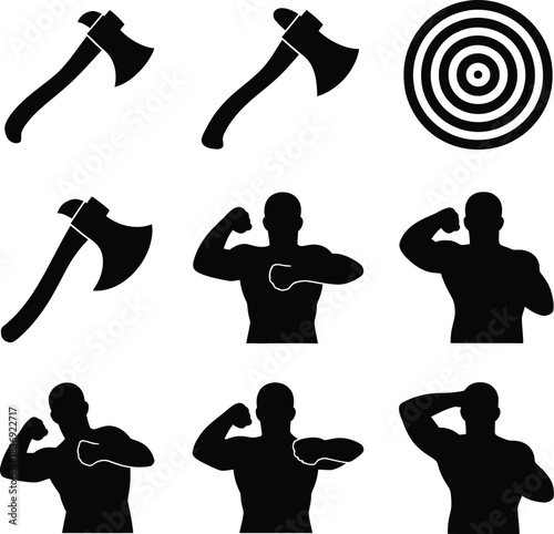 Silhouette icons of axes, target and muscular men posing on white background Keywords: axe, hatchet, weapon, tool, woodcutting, chopping, target, bullseye, archery, dartboard