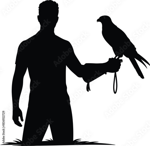 Silhouette of a falconer holding a bird of prey on their gloved hand on white background Keywords: falconer, man, male, silhouette, falcon, hawk, bird of prey, raptor, animal