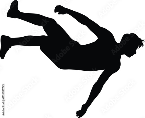 Silhouette of a man in mid-air performing a dynamic parkour jump or dive on white background Keywords: man, male, silhouette, parkour, free running, jump, dive, acrobatic