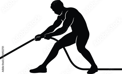 Silhouette of a man pulling a thick rope in a tug of war or strength competition on white background Keywords: man, male, silhouette, pulling, rope, tug of war, strength, power
