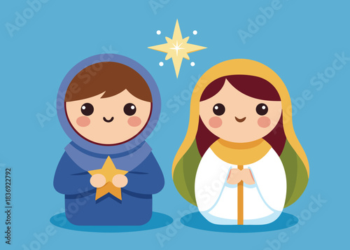 Adorable cartoon nativity scene with mary and joseph holding a star beneath the glowing bethlehem star