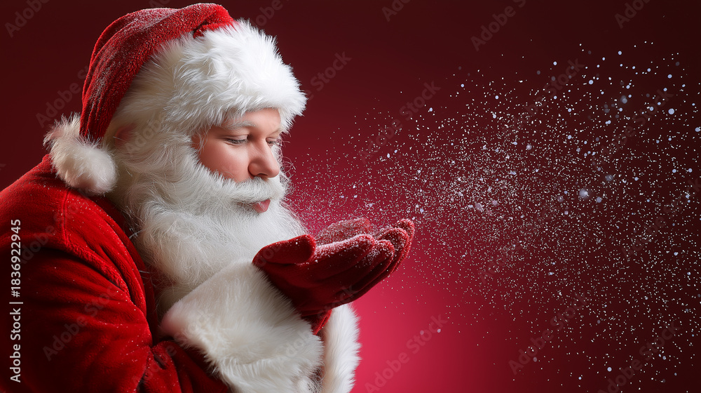 Naklejka premium Man dressed as Santa Claus blowing snow from his hands against a vibrant red background.
