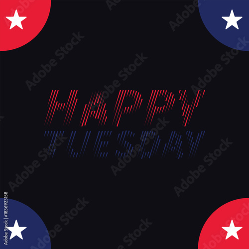 A stylish Happy Tuesday greeting design featuring neon gradient text with star-cornered circular accents on a dark background. Perfect for social posts, banners, and digital greetings.