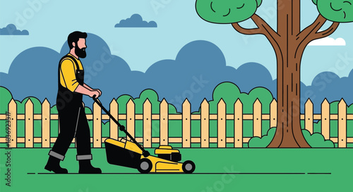 Man mowing lawn with yellow mower in backyard