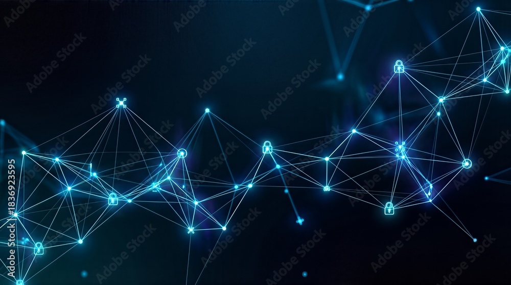 Fototapeta premium Abstract digital network connection with glowing blue lines and dots on a dark background, representing data flow and technology.