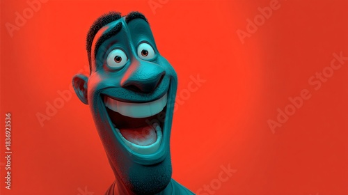 A stylized, 3D-animated man with blue skin flashes an enormous, joyful smile against a bright red background.