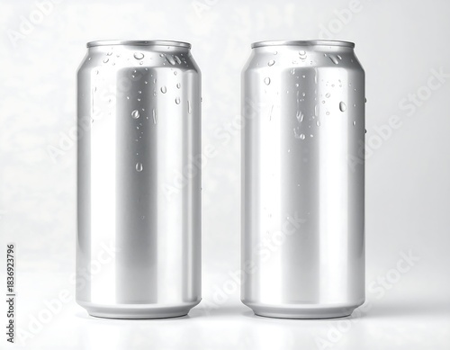 Two metallic aluminum drink containers with condensation drops on them