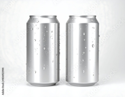 Two metallic beverage containers with condensation