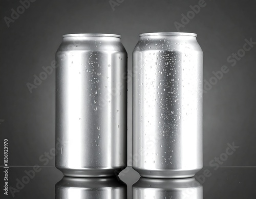Two metallic beverage containers with condensation against a gradient background