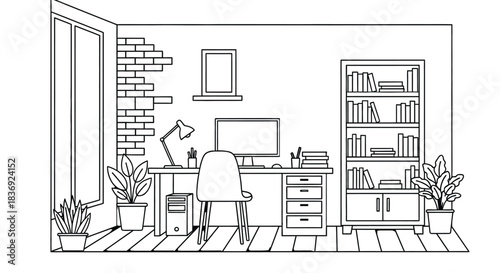 Cozy home office with computer and bookshelves