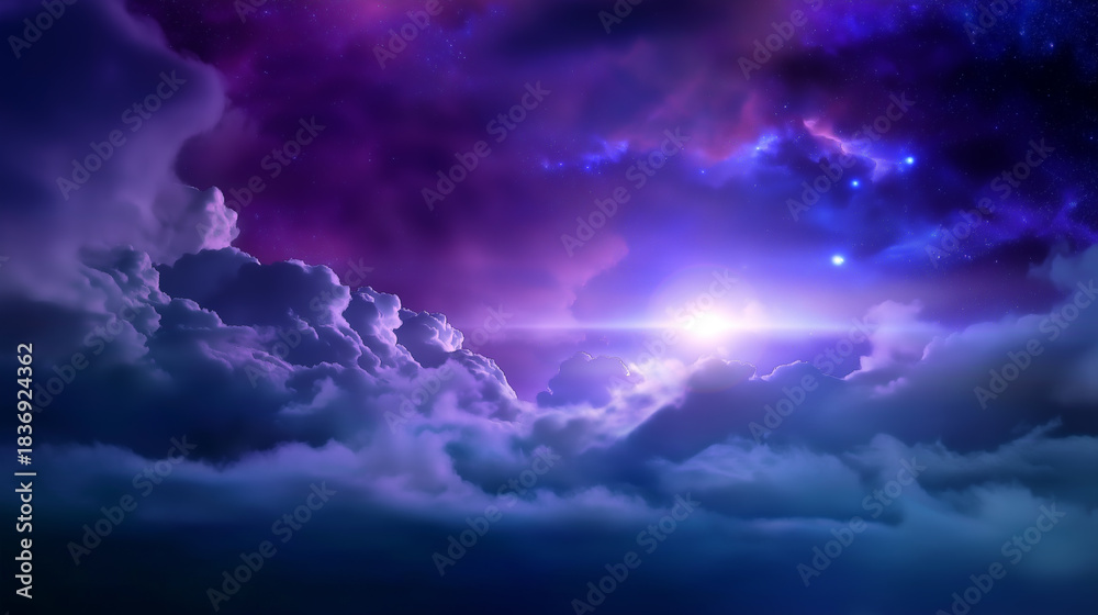 Obraz premium Dramatic fantasy sky illuminated by vibrant light breaking through dense clouds. 