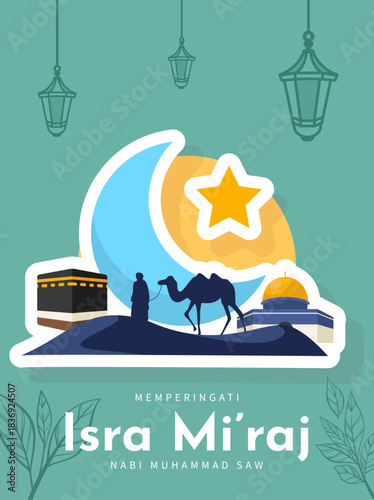 Isra Miraj Night Journey Illustration Featuring Mosque, Crescent Moon and Stars in Elegant Islamic Style